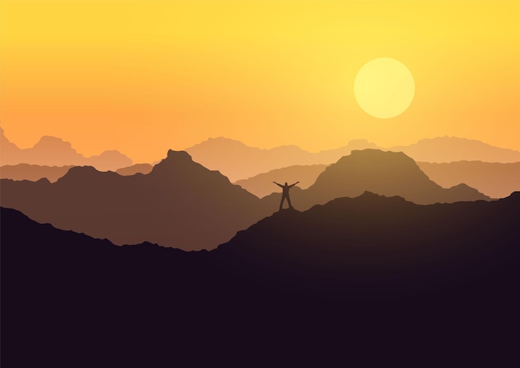 Vector sunset mountaintop victory