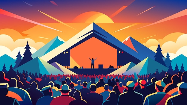 Vector sunset music festival with vibrant crowd and mountain backdrop