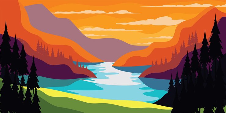 Vector sunset nature lake and mountains landscape outdoor illustration vector