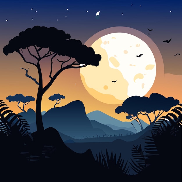 Sunset night time landscape scenery jungle safari forest nature hand drawn flat stylish