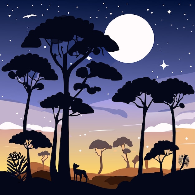 Vector sunset night time landscape scenery jungle safari forest nature hand drawn flat stylish