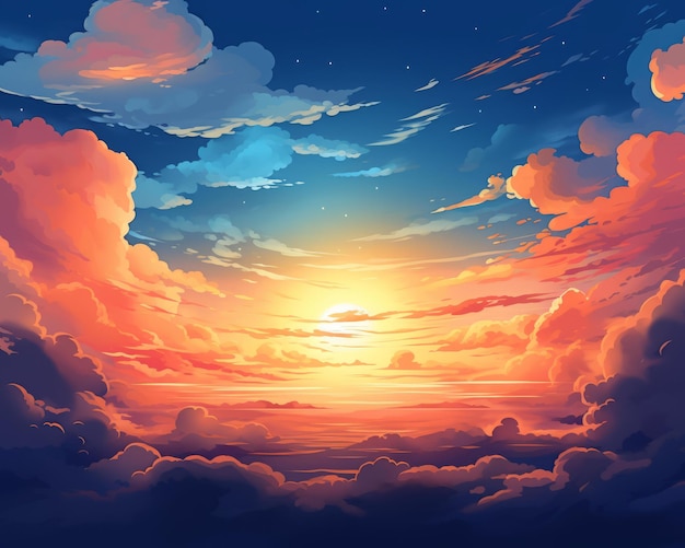 Vettore il tramonto sull'oceano con le nuvole sullo sfondo