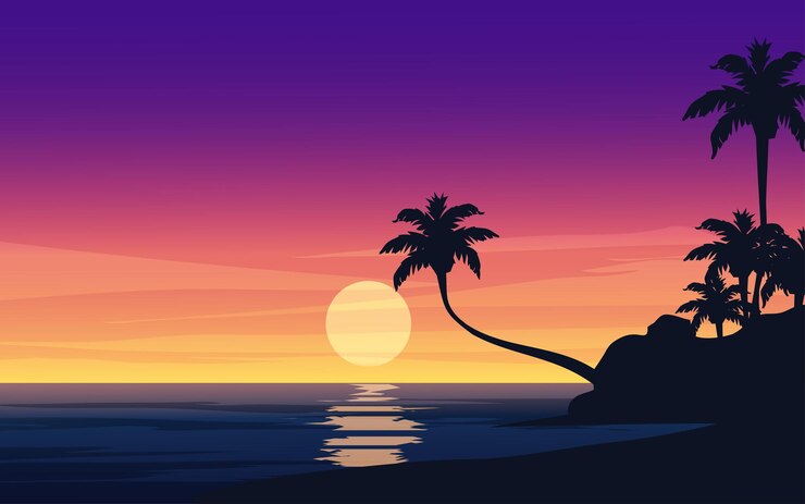 Vector sunset in the ocean with island and palm tre