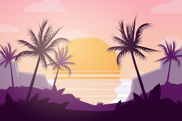 Sunset at the Ocean With Palm Trees Background