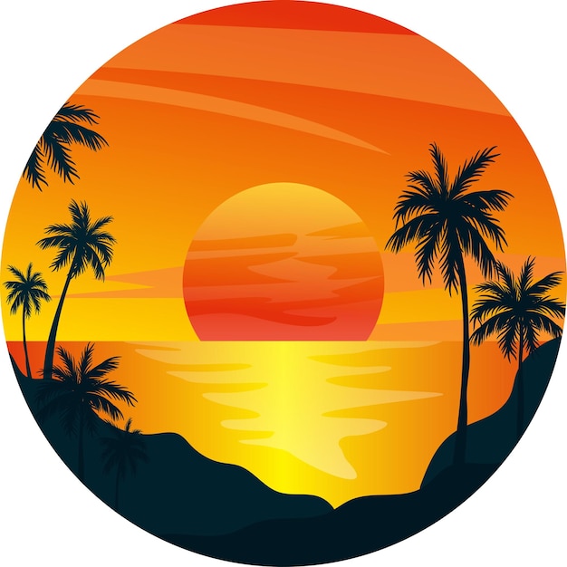 Vector sunset on the ocean with the shadow of coconut trees premium twilight vector