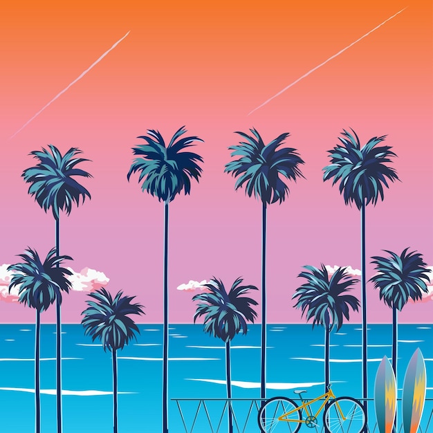Закат на пляже с пальмами, бирюзовым океаном и оранжевым небом с облаками. езда на велосипеде по пляжу. тропический фон для летних каникул. пляж для серфинга. иллюстрация