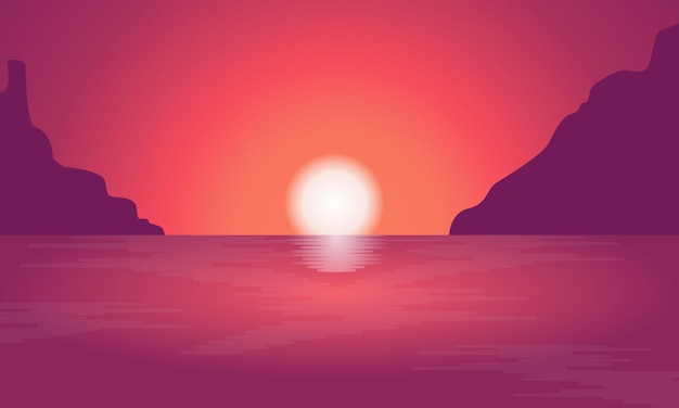 夕日や日の出パノラマ ビーチ ビュー ベクトル イラスト海ビーチと太陽海日の出ヤシの木