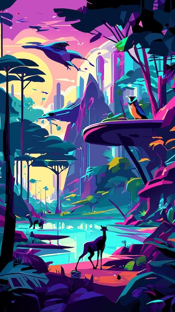 Vector sunset over futuristic jungle cityscape