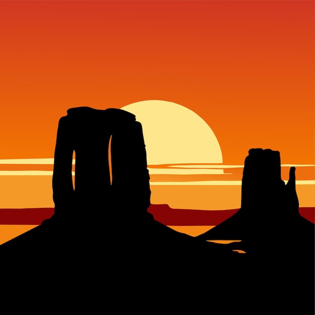 ベクトル モニュメントバレーのシルエットに沈む夕日、雄大に侵食された砂岩のベクトル図