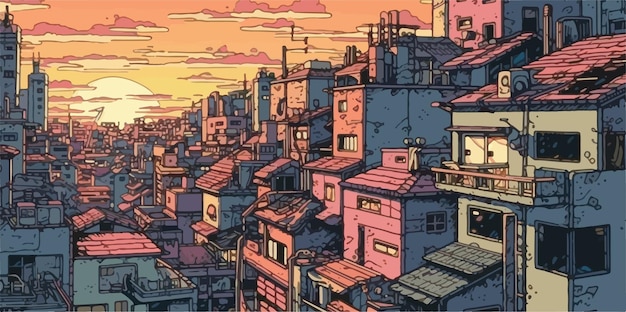 ベクトル 屋根の上の夕暮れ 都市風景 イラスト ヴィンテージイラスト