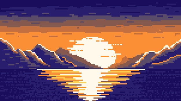 Vector sunset in pixelated sea with islands background