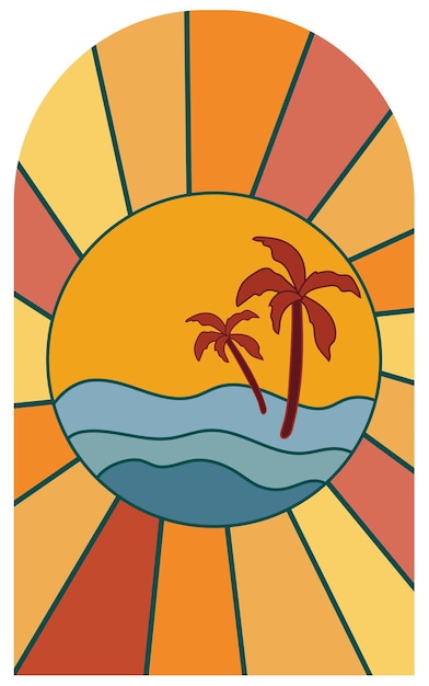 Sunset poster the sea with a palm tree.Background sunrise. Vintage sunset poster, for icon and symbo