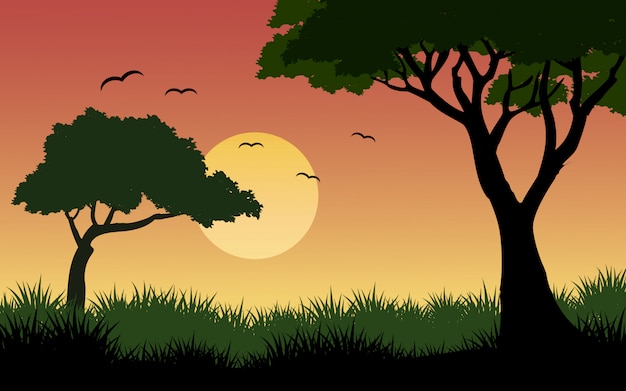 Sunset in savanna with birds