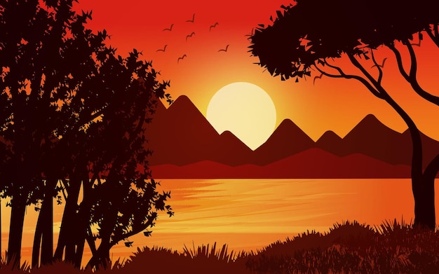 森の夕日のシーン。川の風景の背景イラストと輝く森の空