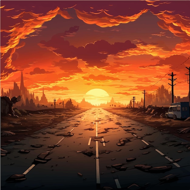 Vector a sunset scene with a road game background