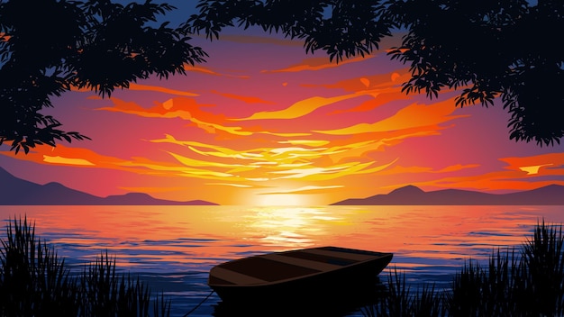 Vector sunset scenery at beautiful lake with boat. vector nature landscape