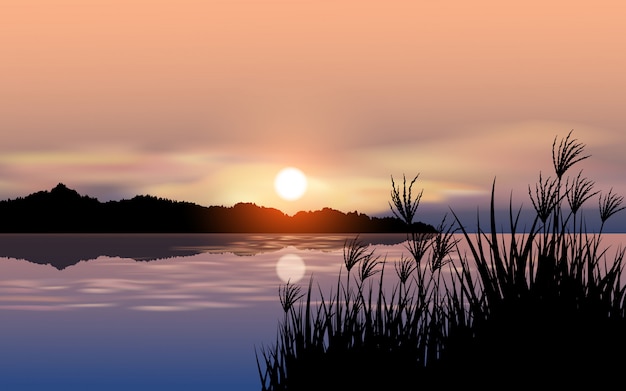 Vector sunset scenery of lake with grass silhouette