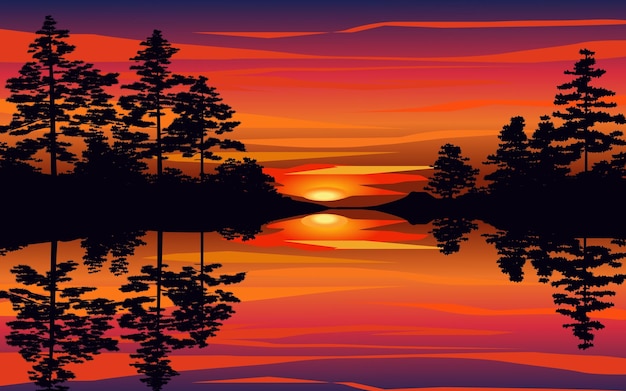 Vettore scenario al tramonto con fiume e foresta riflesso sull'acqua e cielo colorato