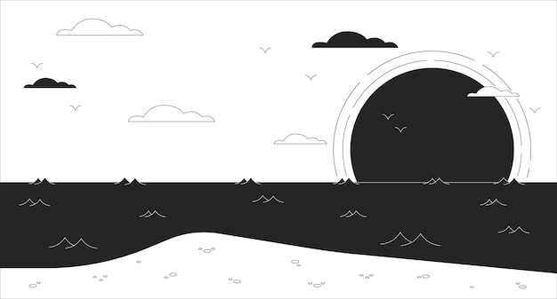 Sunset in the sea black and white chill lo fi background Bay Paradise Island outline 2D vector cartoon landscape illustration monochromatic lofi wallpaper desktop Bw 90s retro art