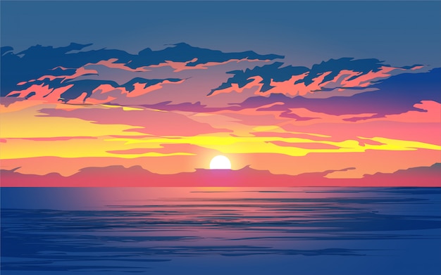 Vector sunset in sea nature landscape