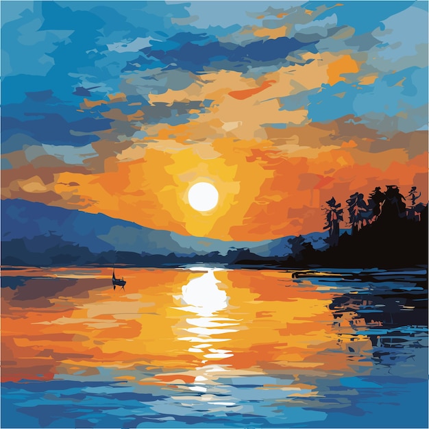 Vettore il mare al tramonto in pittura un'illustrazione serena