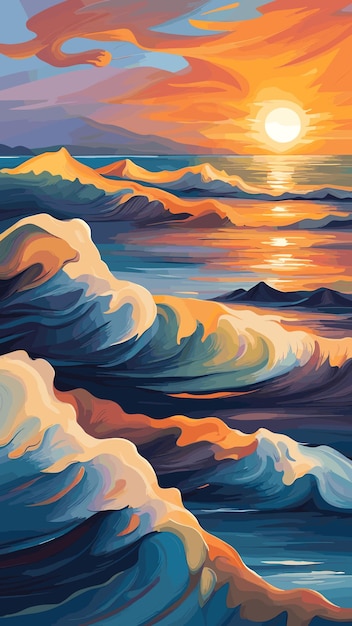 Sunset over seas drawing oil painting artwork vector