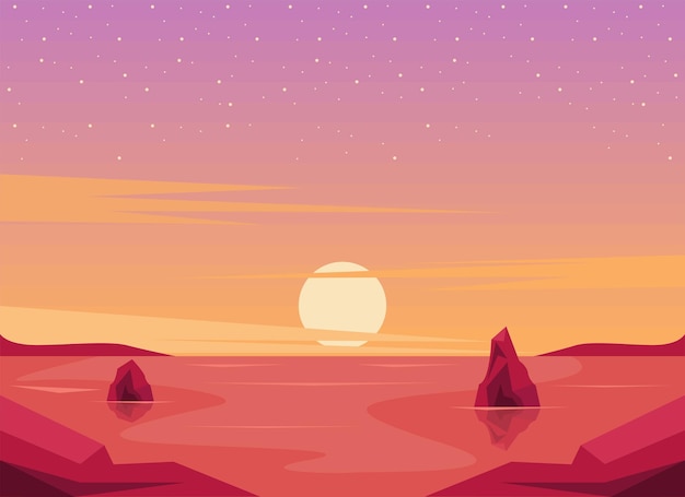 Vector sunset seascape with rocks