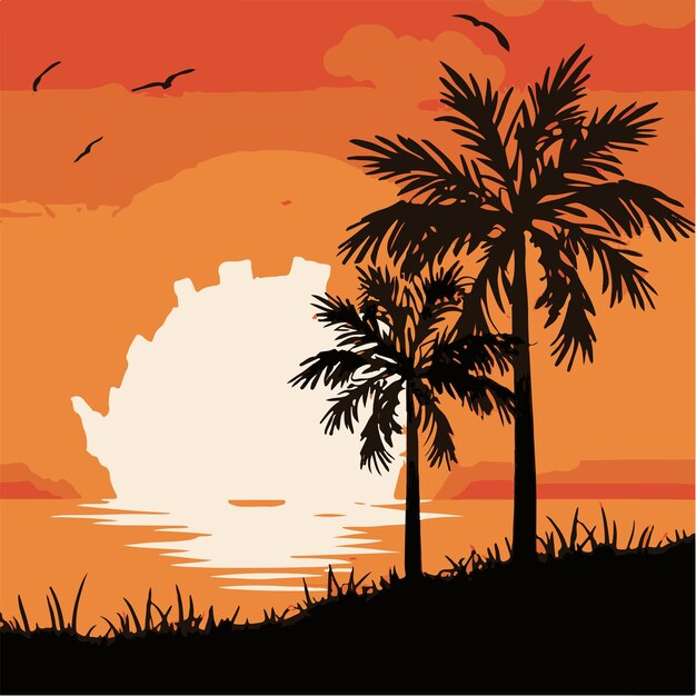 Vector sunset serenity tropical palms in summer splendor