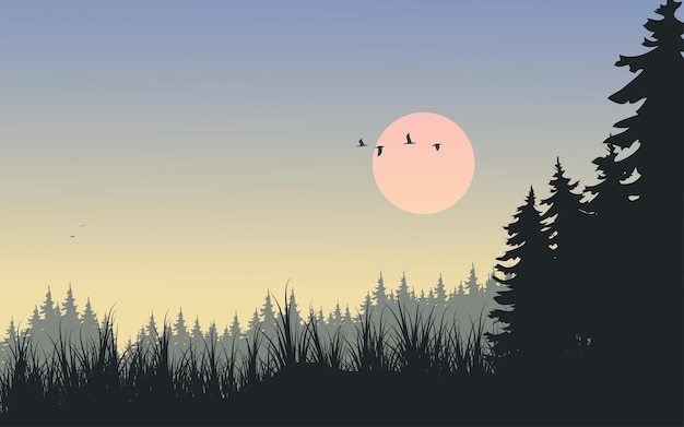 Siluetta del tramonto nell'illustrazione del paesaggio di vettore della foresta di pini