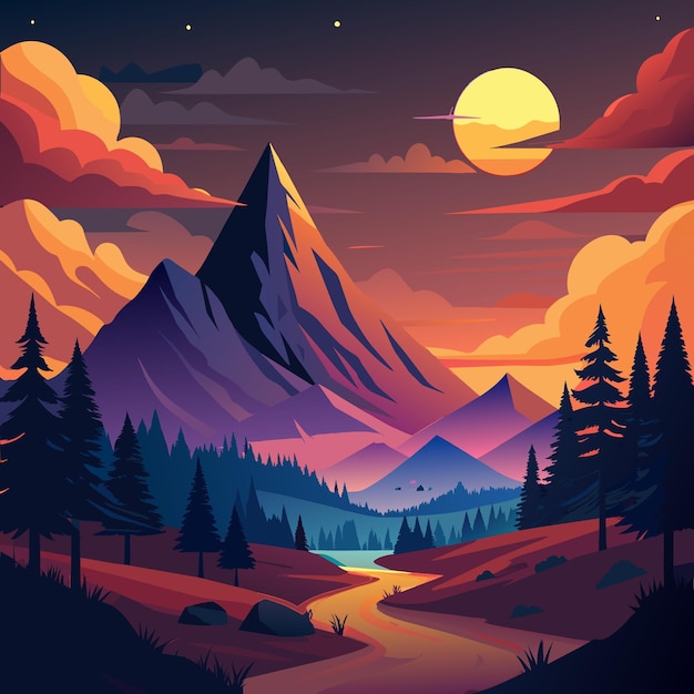 Vector sunset and silhouettes of trees in the mountains