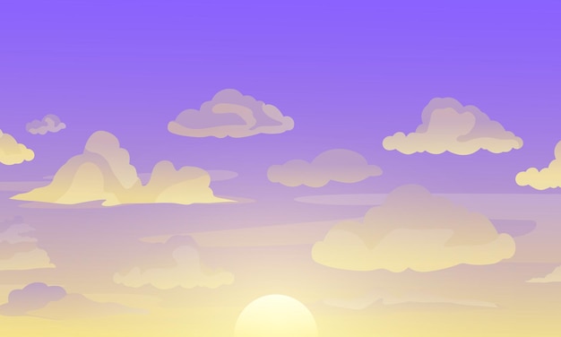 Sunset sky cartoon summer sunrise with pink clouds and sunshine evening cloudy heaven panorama