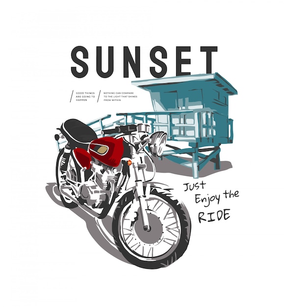 ビンテージバイクのイラストとビーチ小屋のイラストが夕日のスローガン