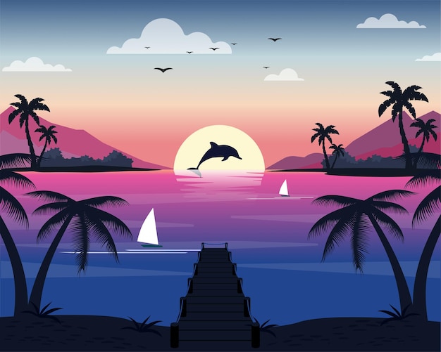 Sunset Summer landscape with Beach, palm trees, sea, dolphin against the backdrop of sunset.