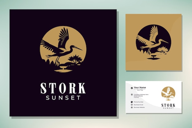 Vector sunset sun with flying stork heron bird