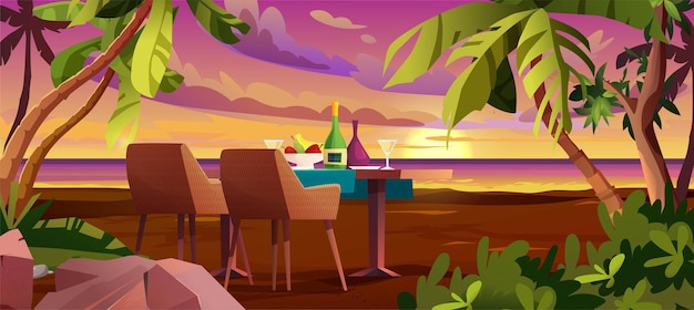 Vector sunset or sunrise, dawn at sea with clouds in the sky. romantic dinner place.