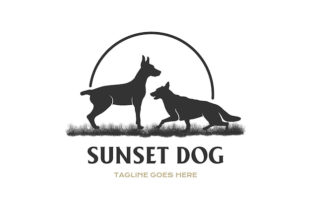 日没日の出ドーベルマンと草のロゴ デザインのベクトルにジャーマン ・ シェパード犬