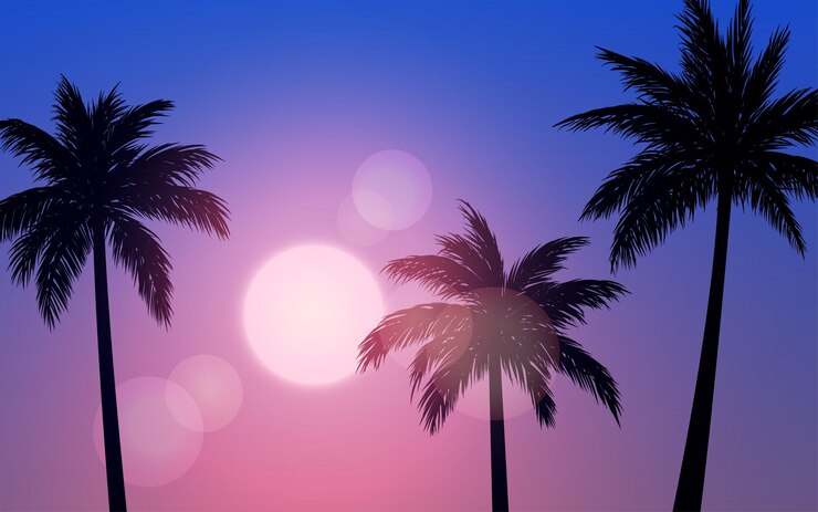 Vector sunset or sunrise landscape with palm trees in silhouette