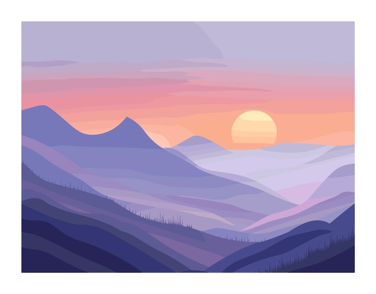 Vector sunset sunrise over layered mountain landscape serene nature background beautiful pastel color