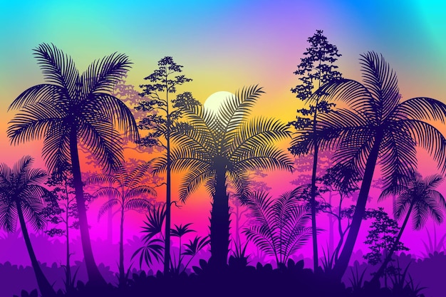 Sunset or sunrise time at tropical forest with trees and bright colorful gradient sky