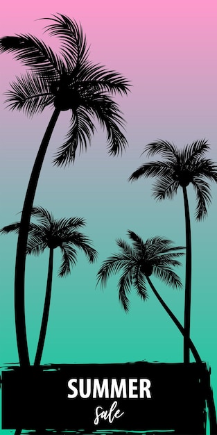 Vector sunset sunrise tropical palms tree with leafs travel paradise isolated set