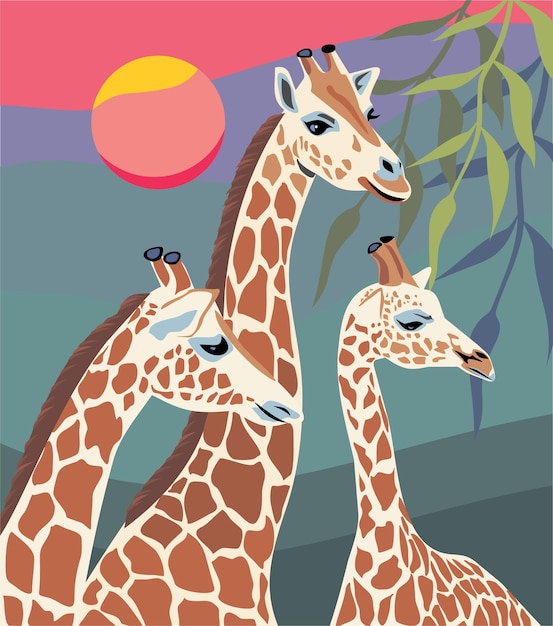 Sunset and three giraffes