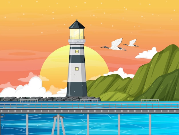 Vector sunset time with lighthouse on coast