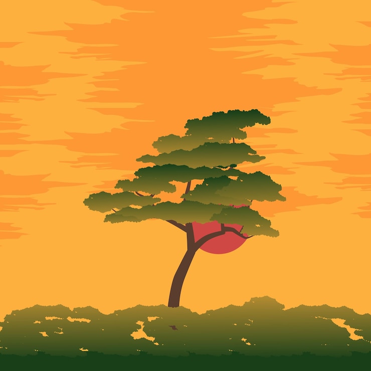 Vector sunset tranquil sunset landscape tree at sunset relaxation