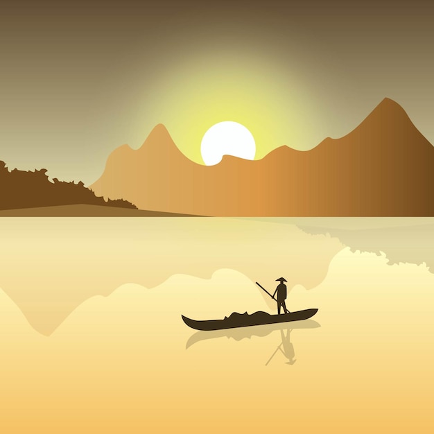 Sunset Tree Mountain with Sea and Boat Vector Illustration Background