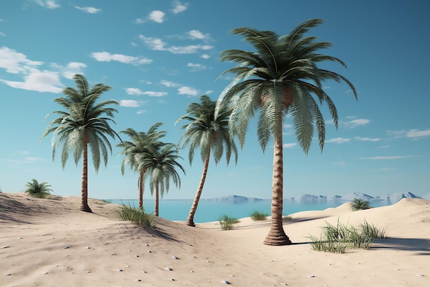 Vettore il tramonto su una spiaggia tropicale palme e banner solare rendering 3d