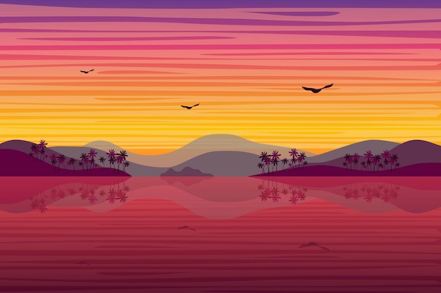 Vector sunset over tropical island landscape in flat style