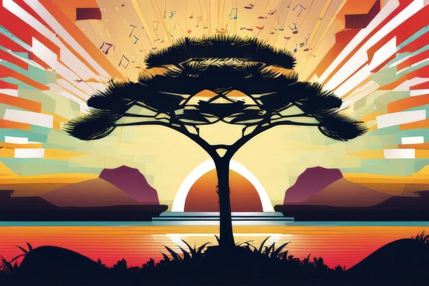 Vector sunset in tropical island with trees sunset in tropical island with trees