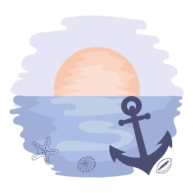 Vettore tramonto sul mare tropicale con ancoraggio e conchiglie sull'icona dell'illustrazione del fondo dell'acquerello