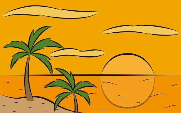 Illustrazione vista tramonto sulla spiaggia in design piatto