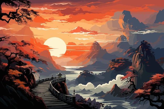 Vector sunset view over the mountains great place peaceful the mountains and the river are beautiful